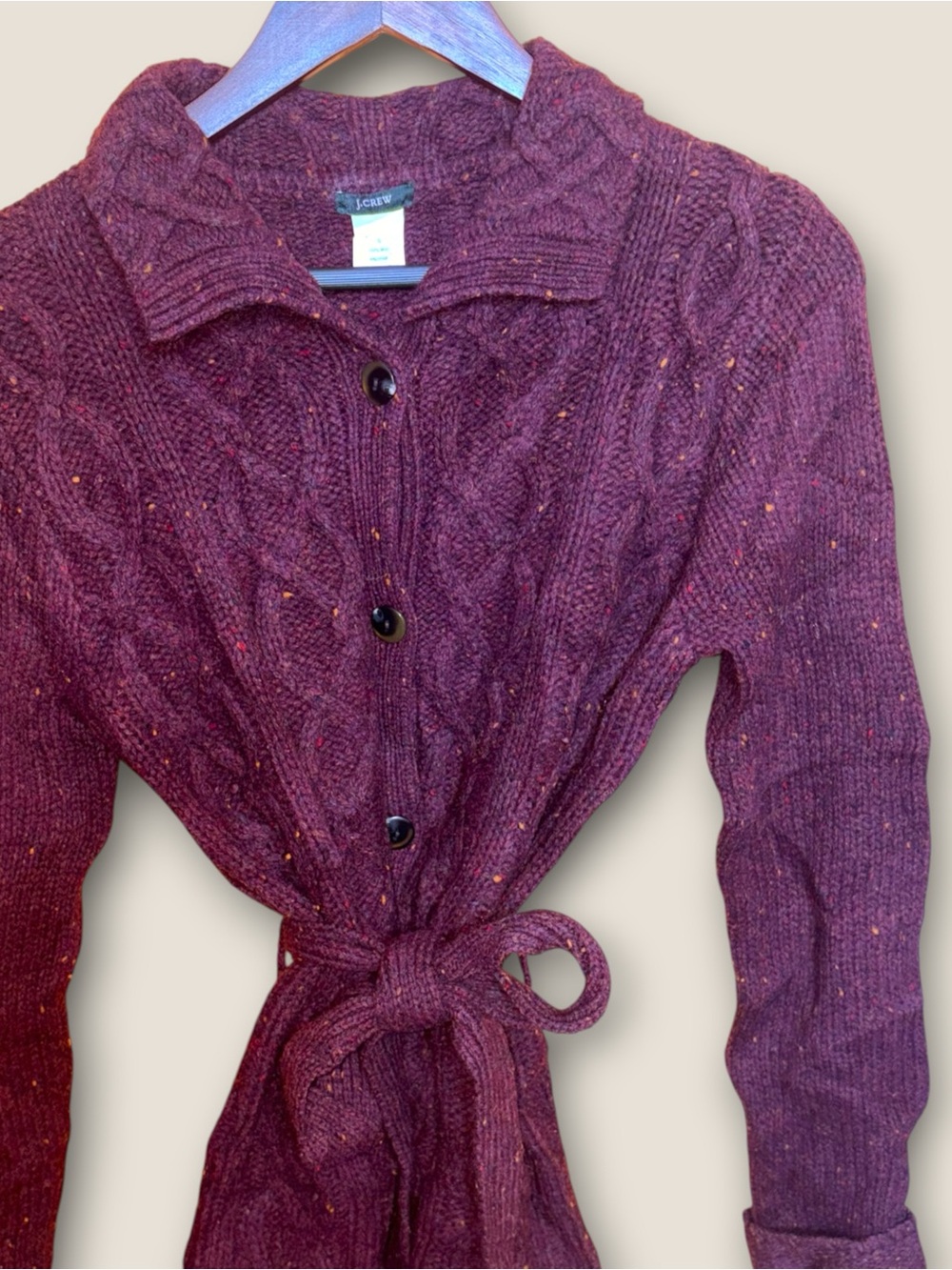 Vintage 90s J.Crew Plum 100% Wool Cable Knit Belted Cardigan S